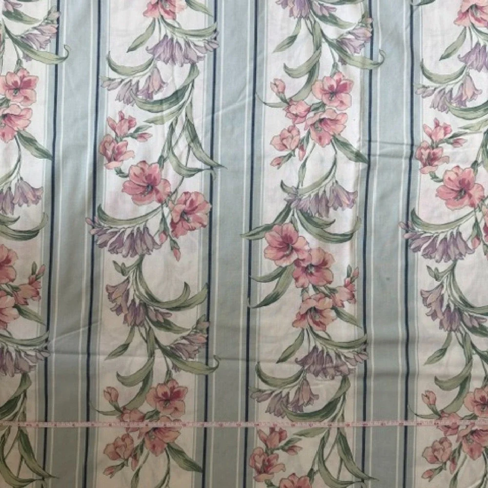Vintage Full Size Flat Sheet with blue cottagecore shabby chic floral stripe